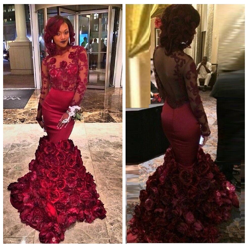 

Burgundy Lace Long Sleeves Mermaid Evening Dresses 2020 with Appliques Floral Ruffles Satin Sweep Train Formal Prom Party Gowns, Dark navy