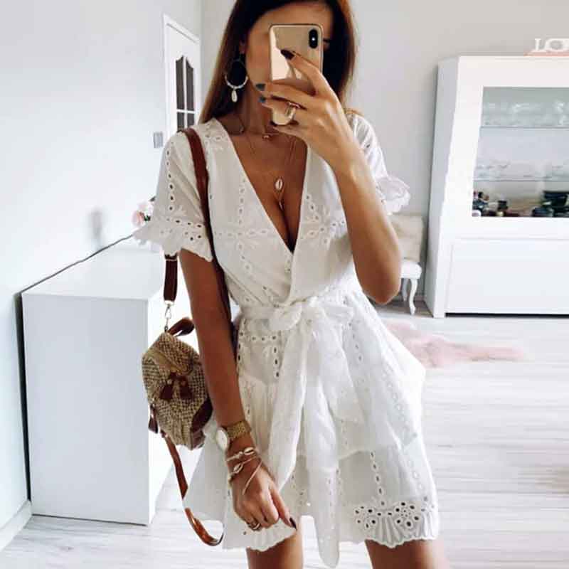

Boho Inspired women' white cotton summer dress eyelet Embroidery boho dress belt tied mini tiered ruffle female 2020 new, As pic