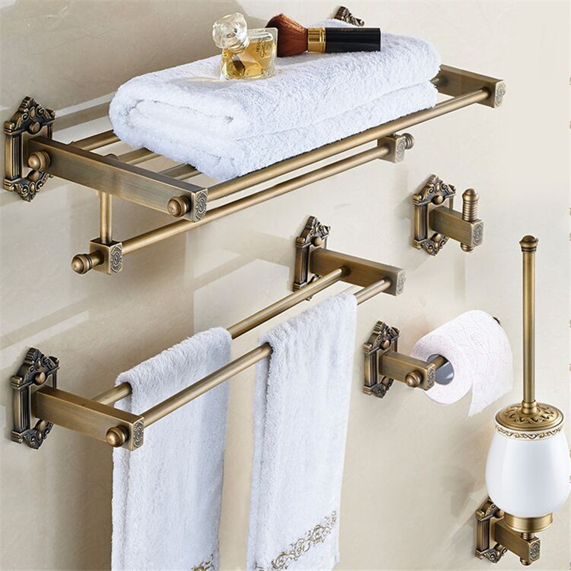 

Solid Brass Bathroom Accessories Set Antique Bronze Wall Mount Carved Towel Rack Toilet Brush Holder Bath Hardware Set European