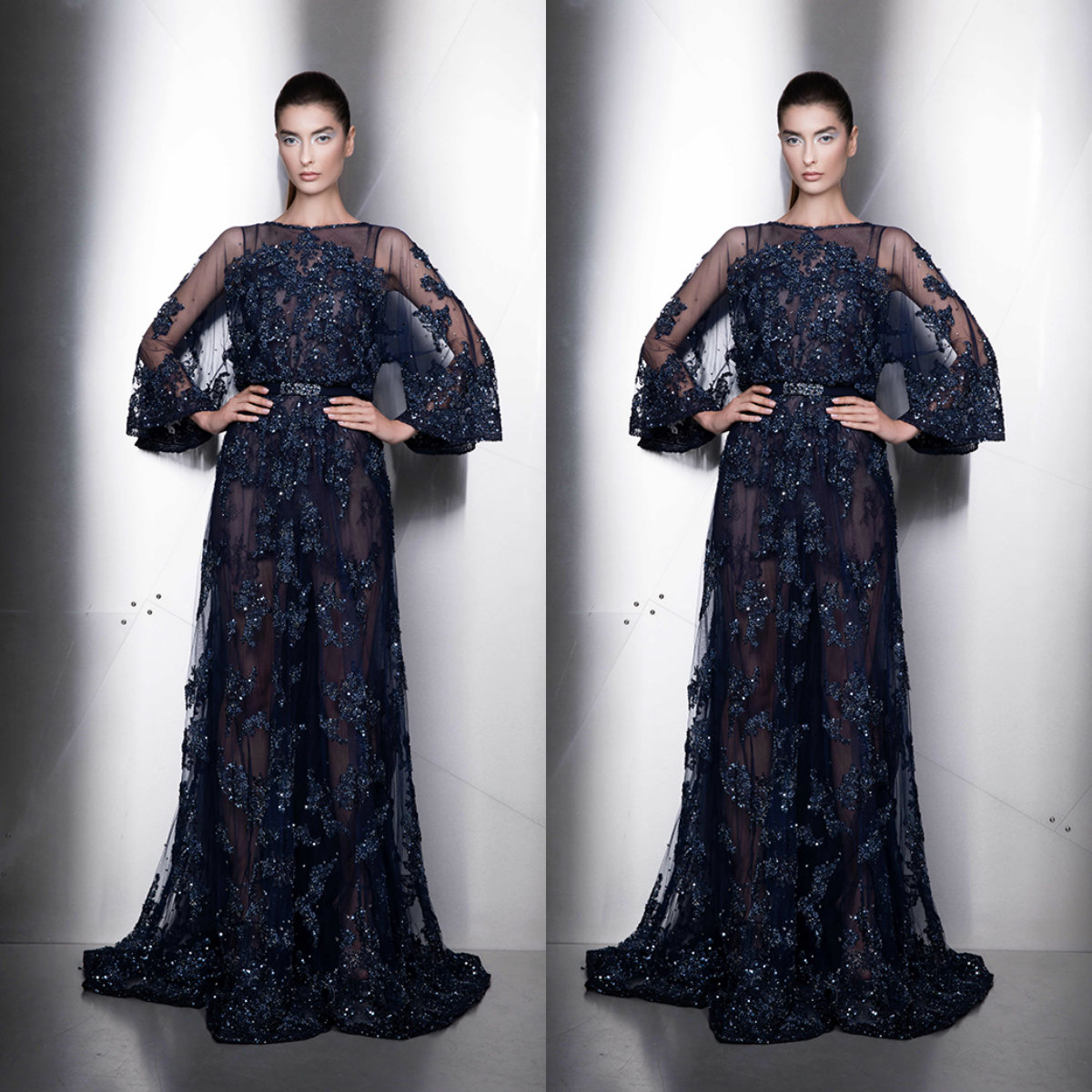 

Ziad Nakad Evening Dresses Jewel Long Sleeves Lace Appliques Sequins Prom Gowns Custom Made Sweep Train A Line Special Occasion Dress, Gray