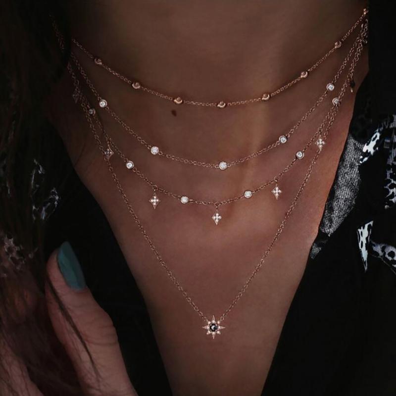 

Pendant Necklaces Fashion 2021 Boho Vintage For Women Gold Sun Moon Crystal Necklace Multilayer Female Jewelry Valentine Gift