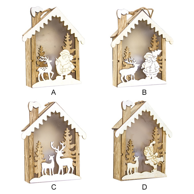 

2019 NEW Christmas Tree Decorations Wooden Embellishment Hut With Light Christmas Hanging Ornaments Holiday Gift
