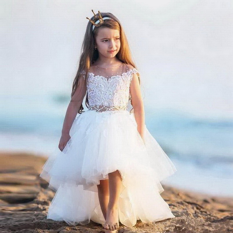 

New Coming High Low Princess Dress Sheer Neck Flower Girl Dress With Beading For Special Occasion Custom Made Kids Prom Dresses, White;blue