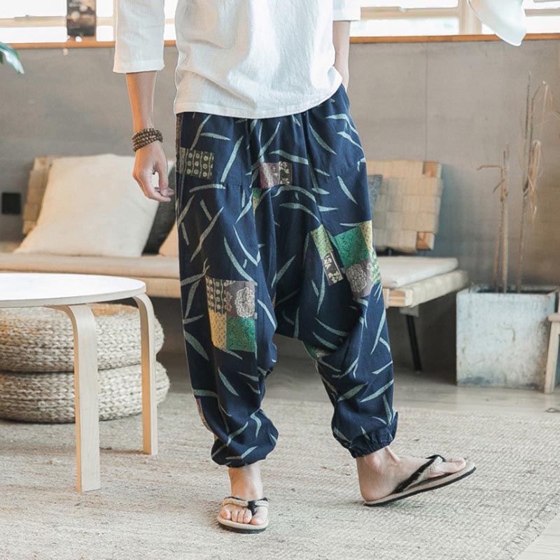 Summer Ethnic Mens Linen Blend Capri Loose Harem Pants Wide Leg Beach M-4XL New