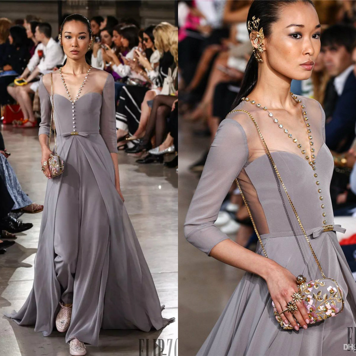 

Georges Hobeika Long Prom Dresses Sleeves Rhinestones Sheer V Neck A-Line Pageant Gowns Cheap Chiffon Overskirt Evening Dress, Red