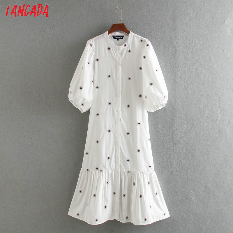 Tangada fashion women embroidery cotton dress 2020 new arrival Long Sleeve Ladies white midi Dress Vestidos CE205