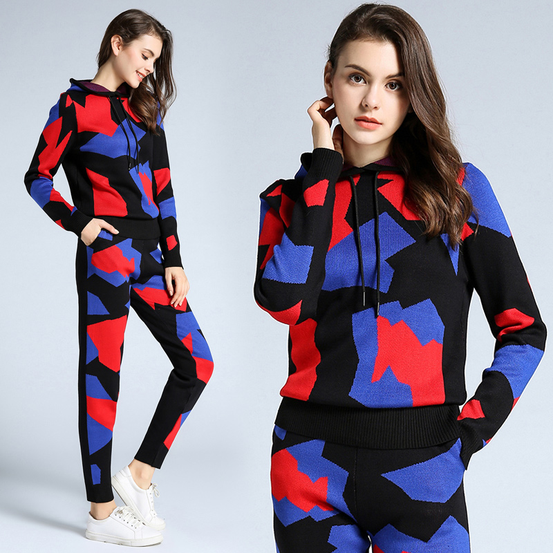 

Willstage 2018 Winter knitted suits Women Hoodies and Long Pants Casual Army Pattern Sets Long Sleeve Tops with hooded Trousers, Picture color