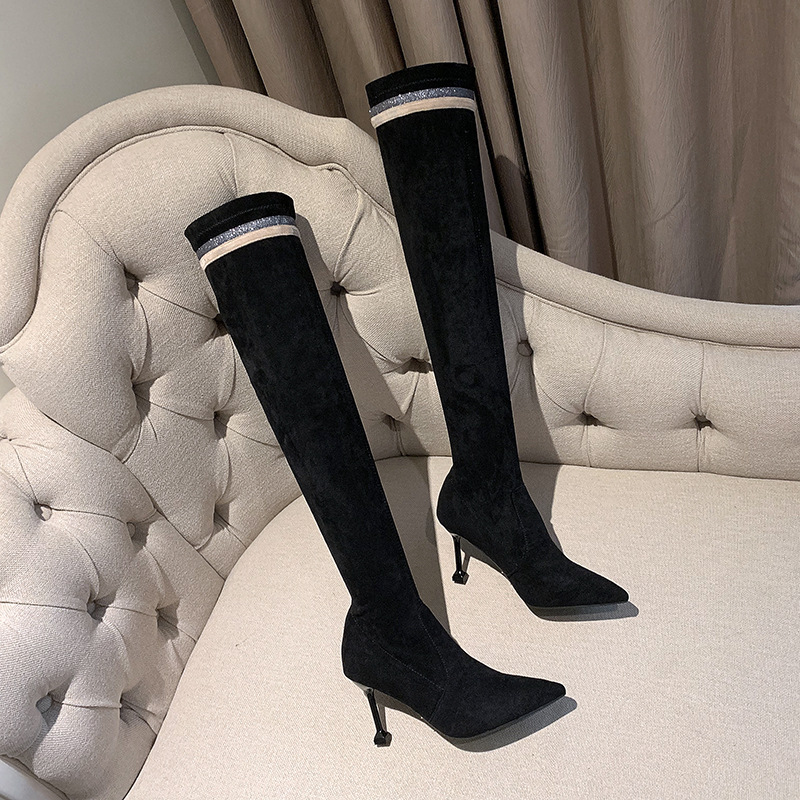 

Thigh Boot Women's New Style WOMEN'S Boots Pointed Toe Slimming High-Heel Stretch Boots Thin Heeled over-the-Knee, Black velvet
