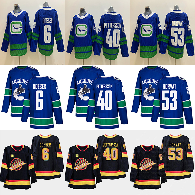 

Vancouver Canucks 40 Elias Pettersson 6 Brock Boeser 53 Bo Horvat 33 Henrik Sedin 22 Daniel Sedin Hockey Jersey, Black