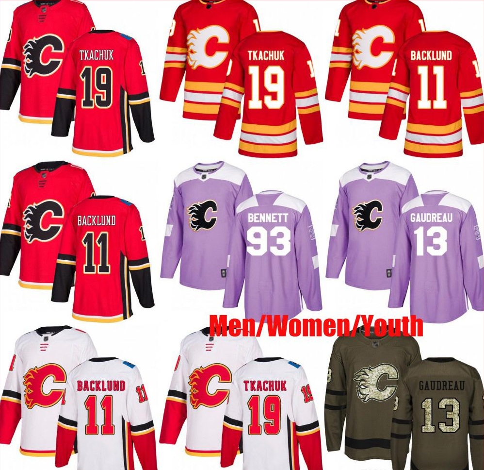 

Custom Calgary Flames 11 Mikael Backlund 13 Johnny Gaudreau 19 Matthew Tkachuk 93 Sam Bennett USA Flag Men hockey Men Women Youth jerseys, Colour 6