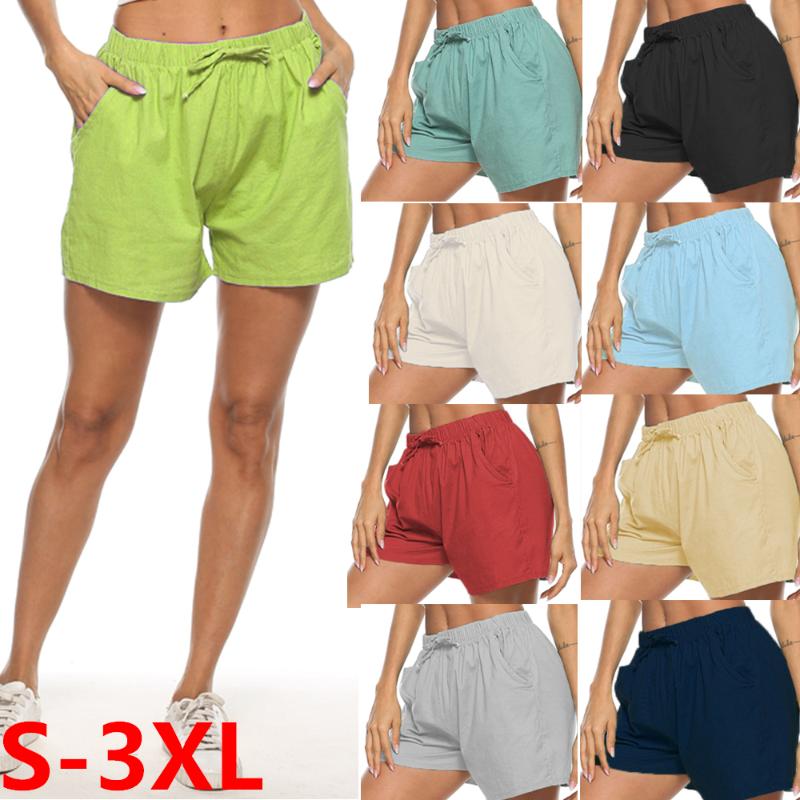 

2020 Summer Women Shorts with Pockets Cotton Linen Loose Shorts Feminino Women' Elastic Wasit Home Casual Plus Size, Black