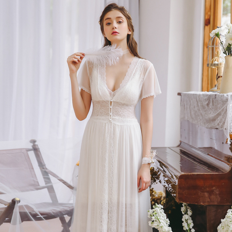 

yomrzl A807 New arrival summer lace women' nightgown two piece sweet home style dress princess sleep dress, White