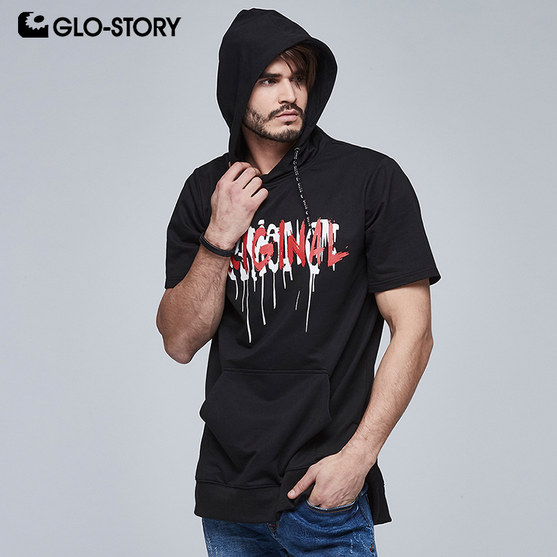 

GLO-STORY 2020 Spring New Fashion Men's Letter Sweatshirt with Hooded Short Sleeve Tops Men's Clothes MPU-6122, Black