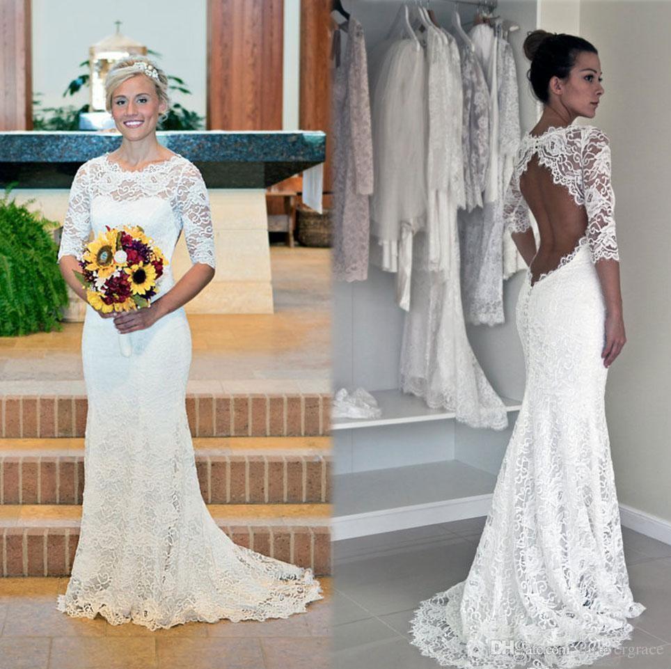 

2019 Lace Mermaid Wedding Dress Vintage Sheer Half Sleeves Crew Neck Sweep Train Keyhole Long Beach Bridal Gown Plus Size Custom Made, Red