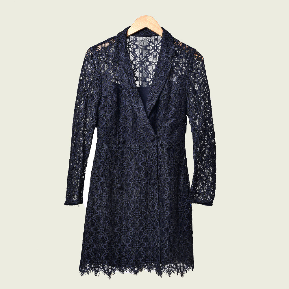 

2020 Spring Summer Blue Long Sleeve Notched-Lapel Floral Print Lace Buttons Double-Breasted Dress & Fashion Casual Dresses M9D093209
