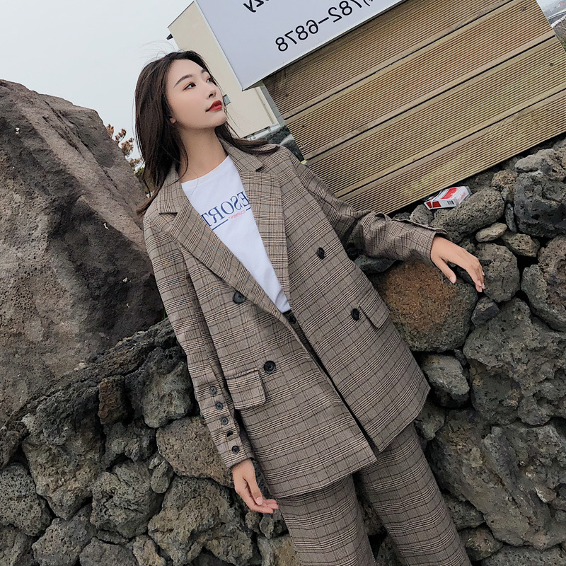 

Women' suit 2019 autumn new fashion casual temperament loose lattice double-breasted small suit trousers two-piece