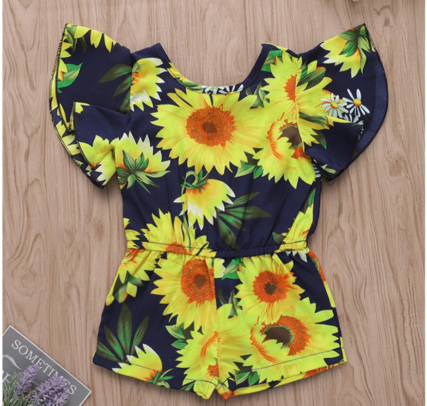 

Baby Sunflower Print Mandarin Sleeve Jump Suit Girl Summer Jumpsuit Kids One Piece Clothes ZHT 174, As picture