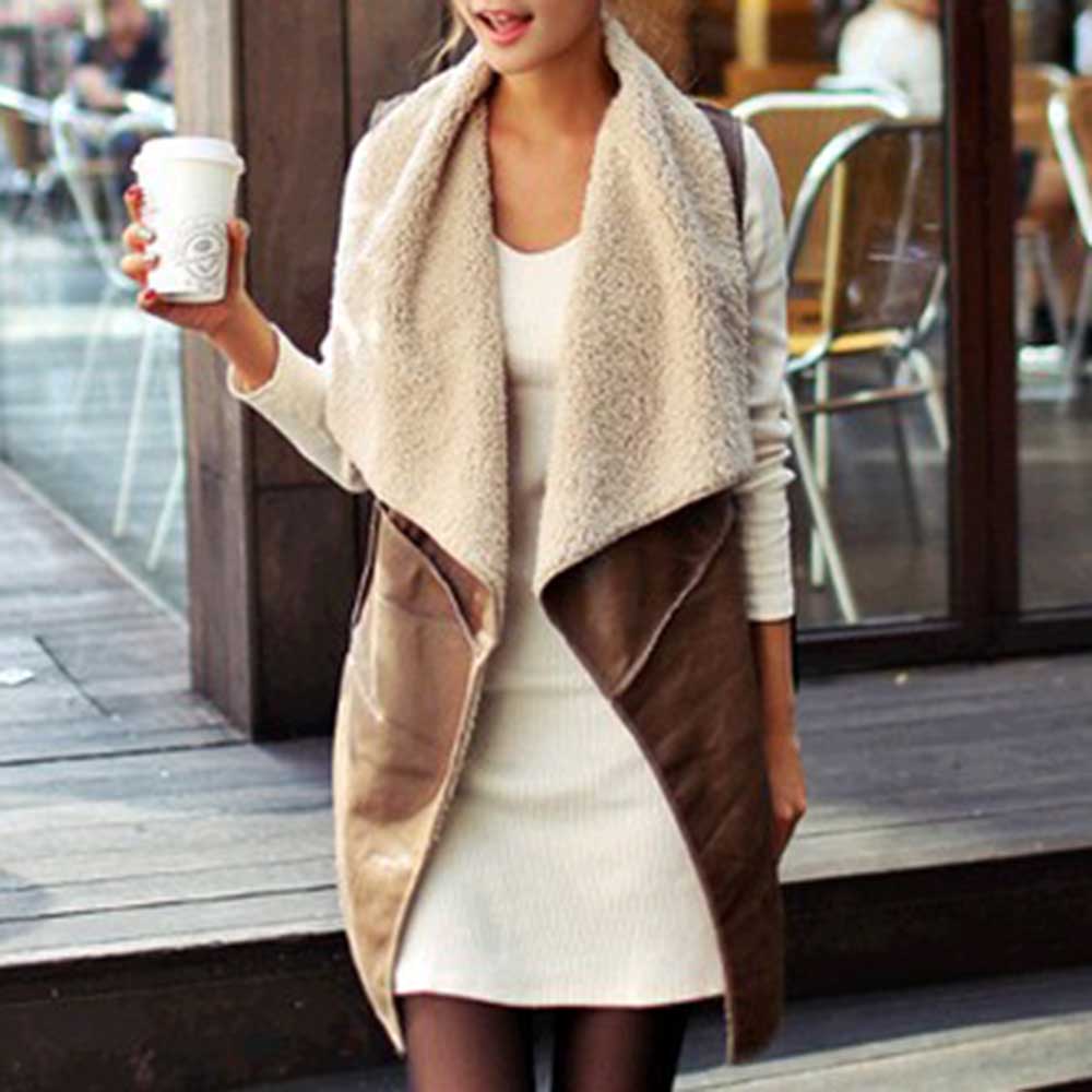 

Long Vest Women Winter Thick Warm Lapel Retro Brown Motocycle PU Leather Vest Autumn Oversized Outwear Streetwear Ladies Jacket, Khaki