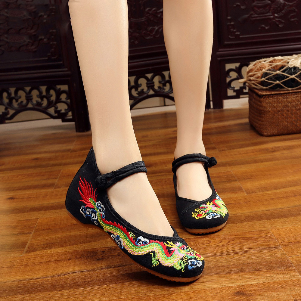 

Handmade Cotton Ballet Flats Chinese Dragon Embroidery Women's Old Beijing Shoes Casual Breathable Driving Shoes, Black