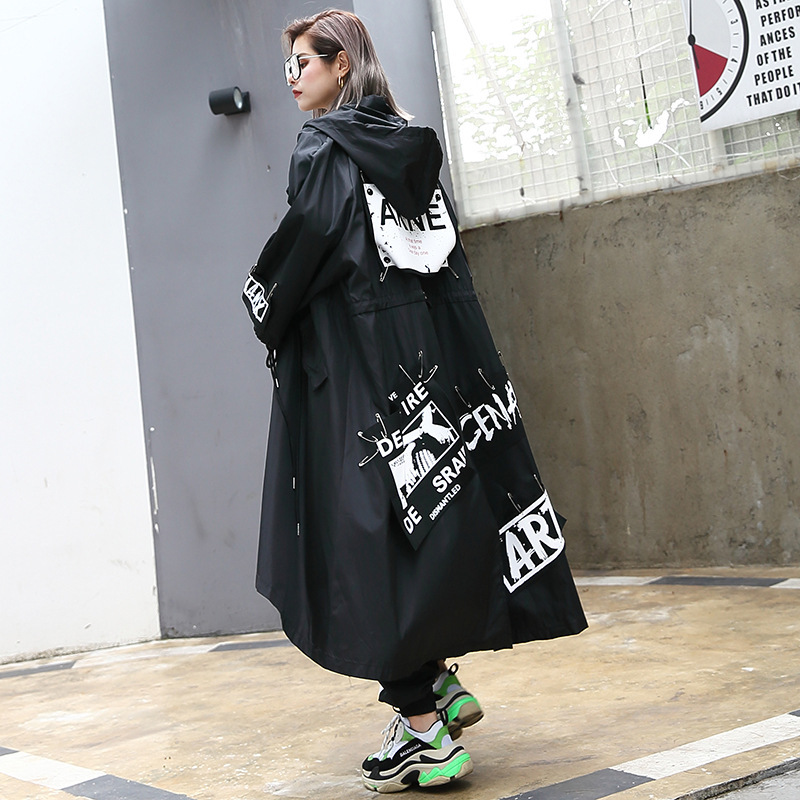 

border large women's fall and winter pin letter ribbon front short back long windbreaker loose casual cardigan coat, Black