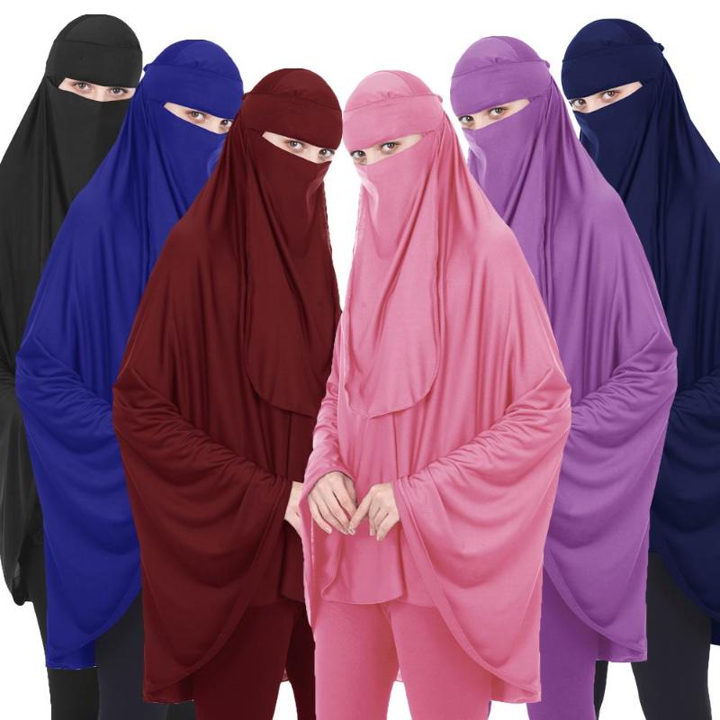 

2PCS Muslim Women Niqab Long Khimar Hijab Veil Scarf Amira Abaya Islamic Overhead Arab Prayer Garment +Veil Worship Service New