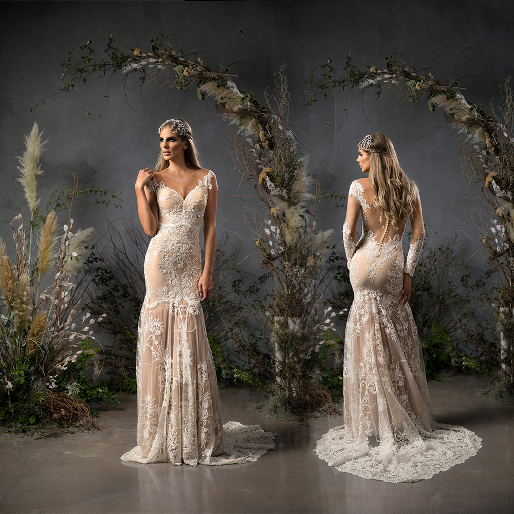 

Sexy Mermaid Naama Wedding Dresses Spaghetti Sleeveless Tulle Lace Applique Sequins Wedding Gowns Sweep Train robe de mariée, Yellow