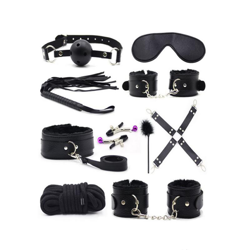 10 Pcs/set Sexy Lingerie PU Leather Sex Bondage Set Hand Cuffs Footcuff Whip Rope Blindfold Erotic Sex Toys For Couples T200511