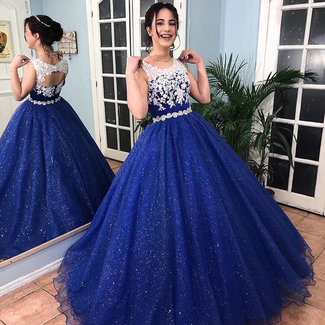 

Royal Blue Lace Ball Gowns Quinceanera Dresses 2020 Sparkling Sequins Lace Applique Beaded Floor Length Hollow Back Prom Gowns, Coral