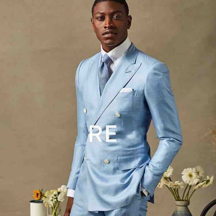 

Hot Sale Double-Breasted Light Blue Wedding Men Suits Peak Lapel Two Pieces Business Groom Tuxedos (Jacket+Pants+Tie) W1223, Same as image