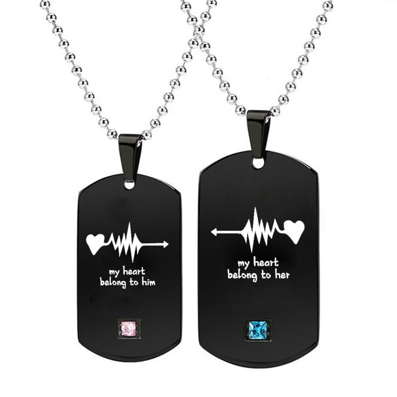 

Chains My Heart Belong To Him Her Lovers Necklaces With Crysta LPersonalized Custom Black Stainless Steel Tags Plates Lettering Name