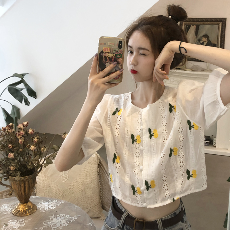 

Summer Embroidery Jacquard Lace Cherry Sweet Cutout Short Crop Top Women Lolita Korean Slim Shirt Blouse Vintage Button Blusas, Orange cherry