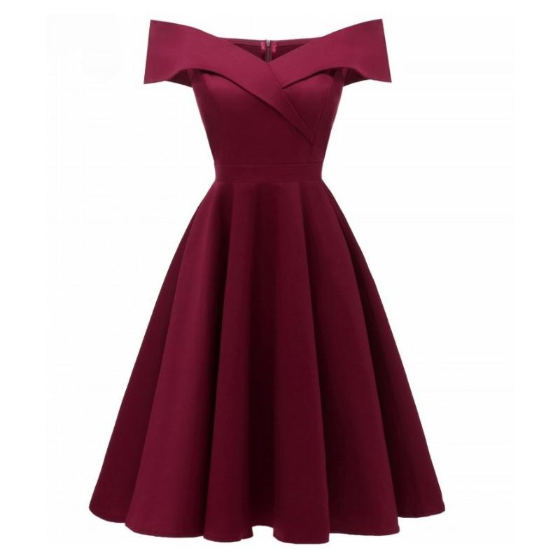 

2020 Women Summer Dresses Off Shoulder V-Neck Retro Vintage 50s 60s Elegant Dress Sexy Rockabilly Party Dress Midi Vestidos, Burgundy