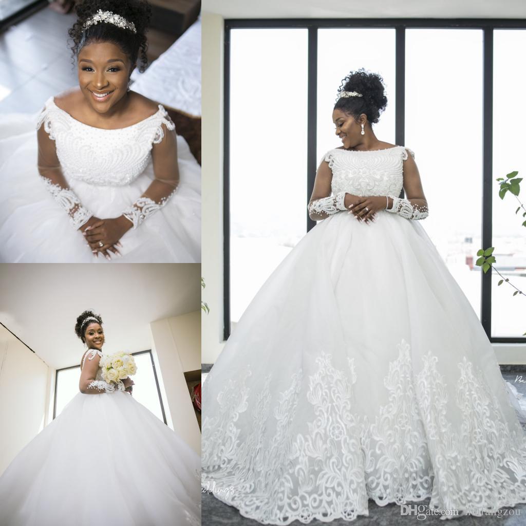 

Plus Size Wedding Dresses 2019 Long Sleeve Lace Beaded Tulle Beach Wedding Dress robe de mariée African Bridal Gowns, Champagne