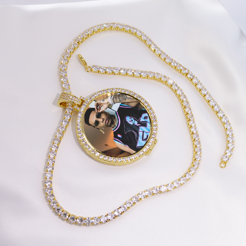 

Round Photo Custom Made Photo Medallions Pendant Picture Necklace & Tennis Chain Gold Silver Cubic Zircon Men's Hip Hop Jewelry
