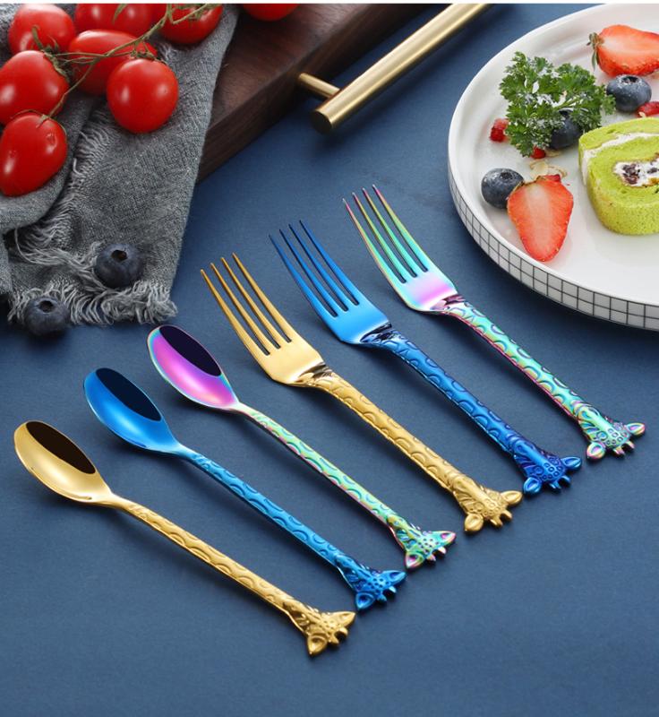 

6pcs set, colorful stainless steel dessert spoon fork set, giraffe deign, kids dinner fork and spoon, dinning flatware, animal