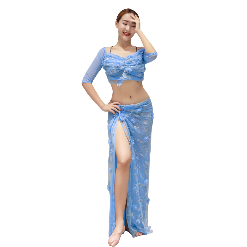 

Bellydance Costumes Milk Fiber Gauze Half Sleeve Placketing Skirt Sexy Belly Dance 2pcs Set for women performance Wears QC3098, Purple