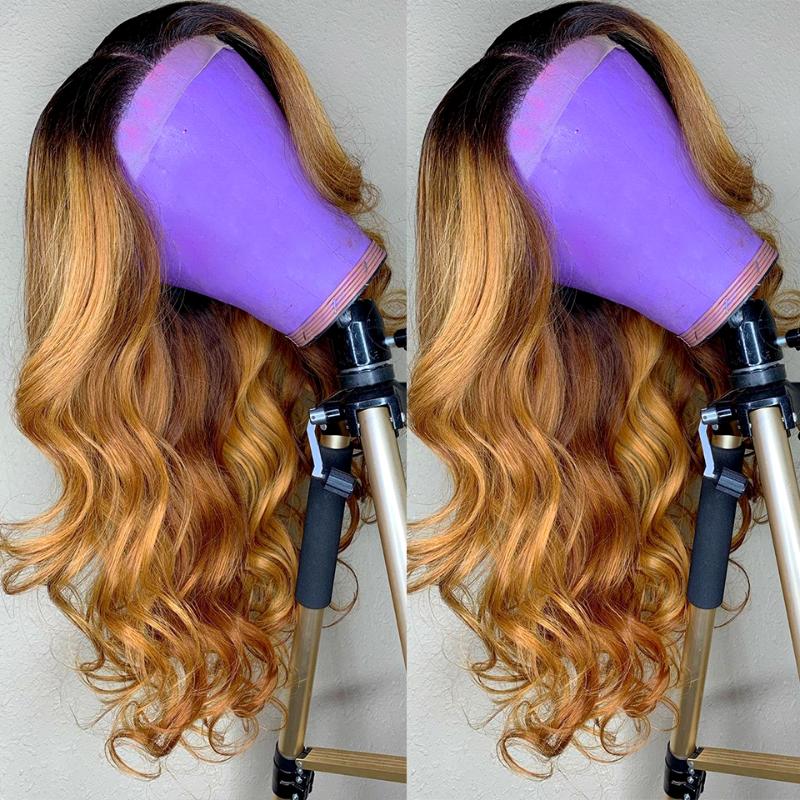 

Loose Wave Ombre Color Lace Front Human Hair Wigs for Women Bleach Knots 1B/27 Honey Blonde 200% Remy Plucked Slove Hair, As pic