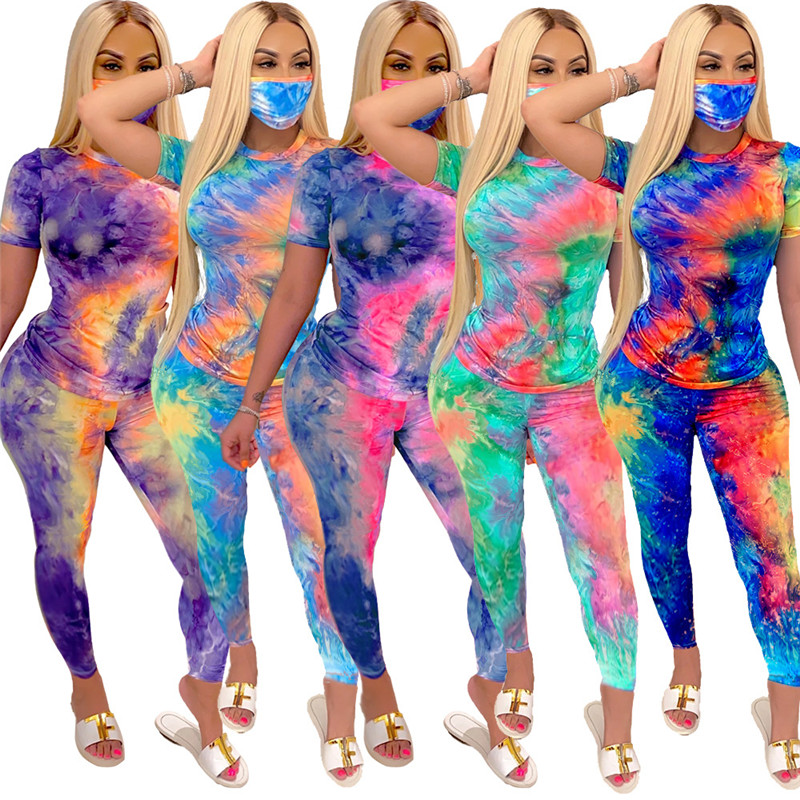 

Floral Tie Dye Womens Tracksuits Contain Mask Short Sleeve With Long Pants Slim Summer Womens Two Pieces Pants