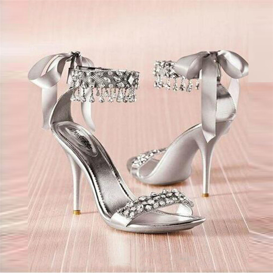 

Bling Bling Silver Gold Women Wedding Shoes Rhinestone High Heels Ladies Shoe Bridal Shoes Sandal Bride Shoes Summer Beach, Silver 1