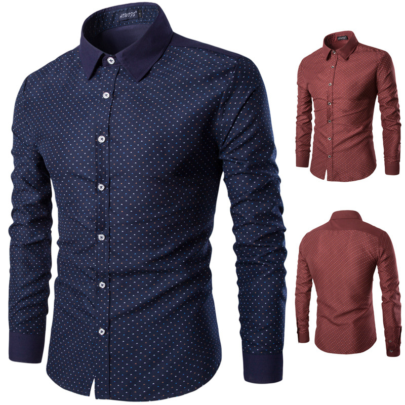 

2XL Men' Cotton Long-sleeve Shirts Fashion Men Lapel Dot Printing Matching Color Shirts Male Clothes for Spring Autumn, Dark blue shirts