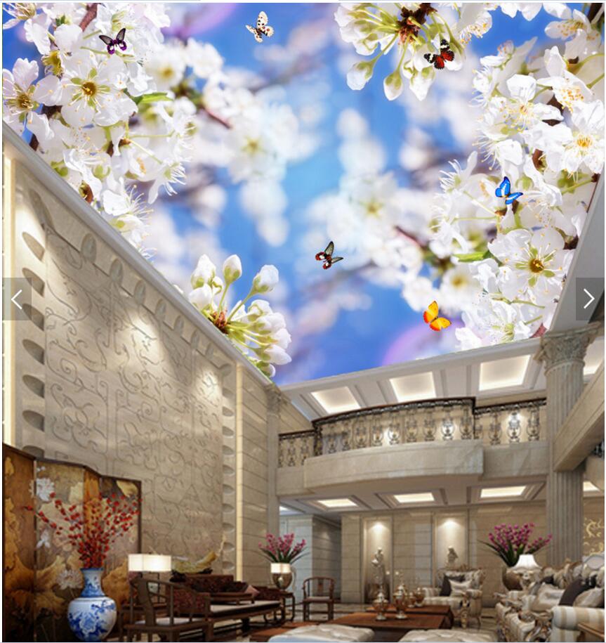 

WDBH 3d ceiling mural wallpaper custom photo Fresh white sakura flowers living room Home decor 3d wall murals wallpaper for walls 3 d, Non-woven