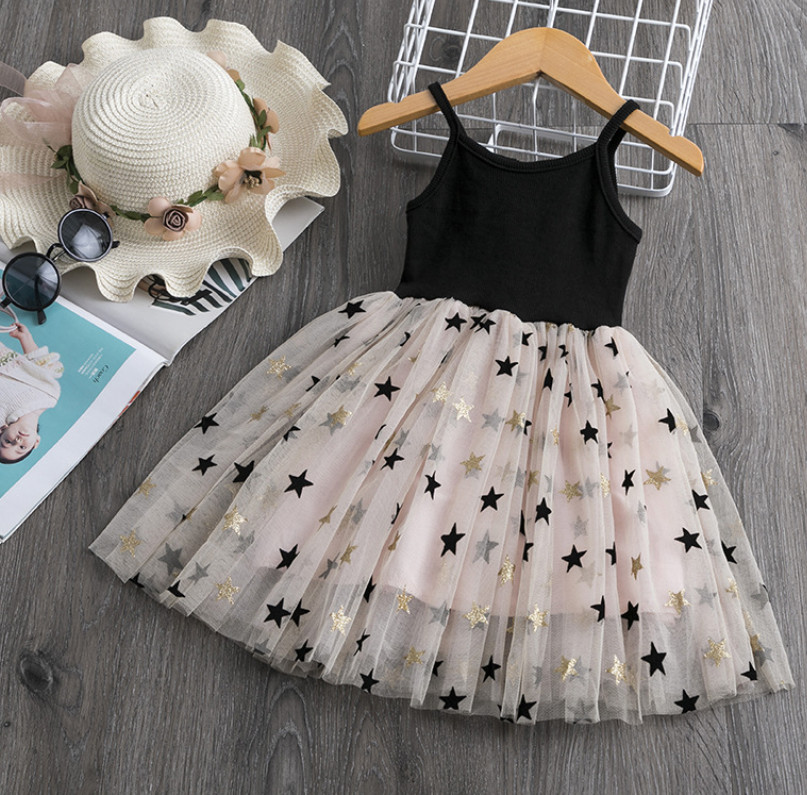 

Baby Girls Lace Tulle Sling Dress Star Sequined Dress Children Suspender Mesh Tutu princess dresses 2019 summer Boutique Kids Clothing, Black