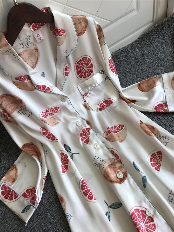 2020Spring summer Women Satin Nightgowns Nightshirts Female Loose Silk Sleepshirts Ladies Turn-down Collar Sleepwear With Pocket