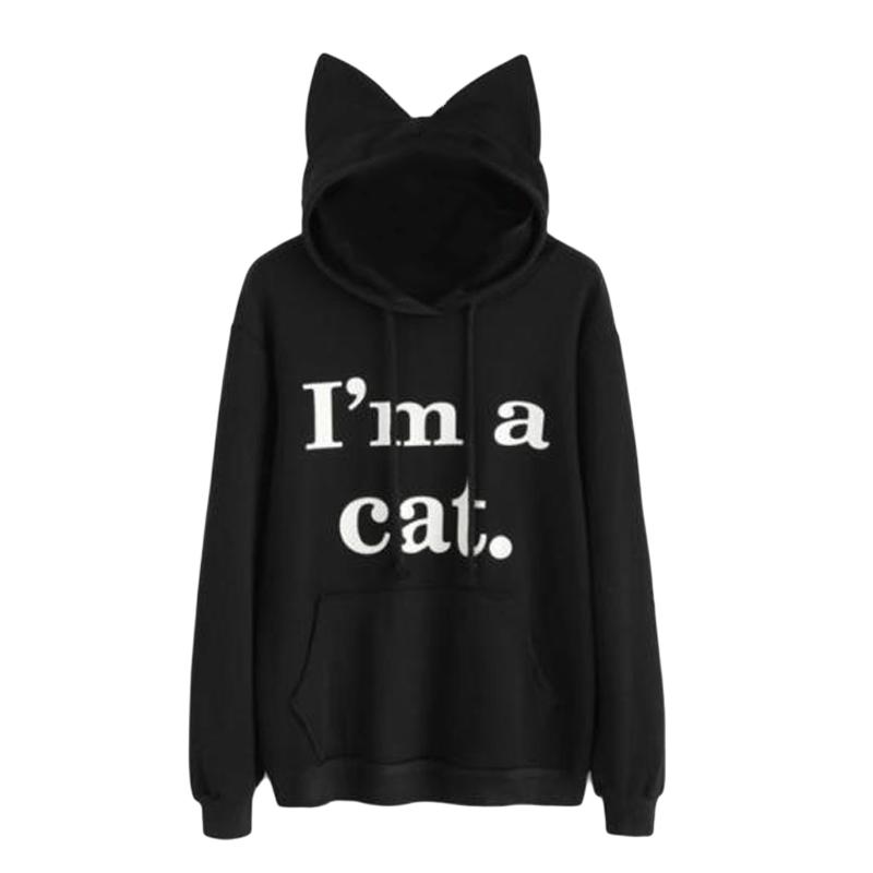 

Kawaii Letter Cat Ear Cap Hoodies Women I Am A Cat Print Loose Hooded Sweatshirts Cute Long Sleeve Pullovers Sudadera Mujer Clothes, Black