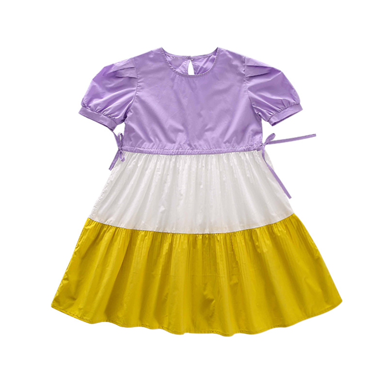 

11-15 Year Old Girl Cotton Stitching Knee Dress Girl Summer Dress Medium And Large Children Casual Puff Sleeve Layered, Purple
