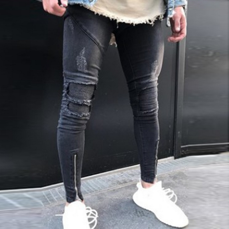 

MoneRffi New Men Ripped Holes Pencil Pants Zipped Skinny Jeans Casual Pants with Pleated Patchwork Slim Fit Biker Male Jeans, Black