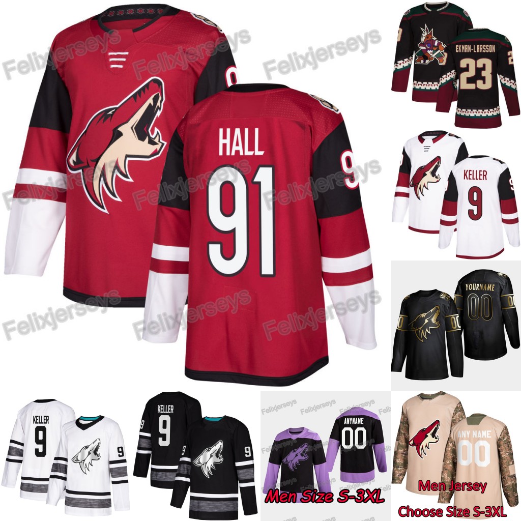 

91 Taylor Hall Arizona Coyotes Nick Schmaltz Clayton Keller Alex Goligoski Jakob Chychrun Phil Kessel Christian Dvorak Conor Garland Jerseys, Black;red