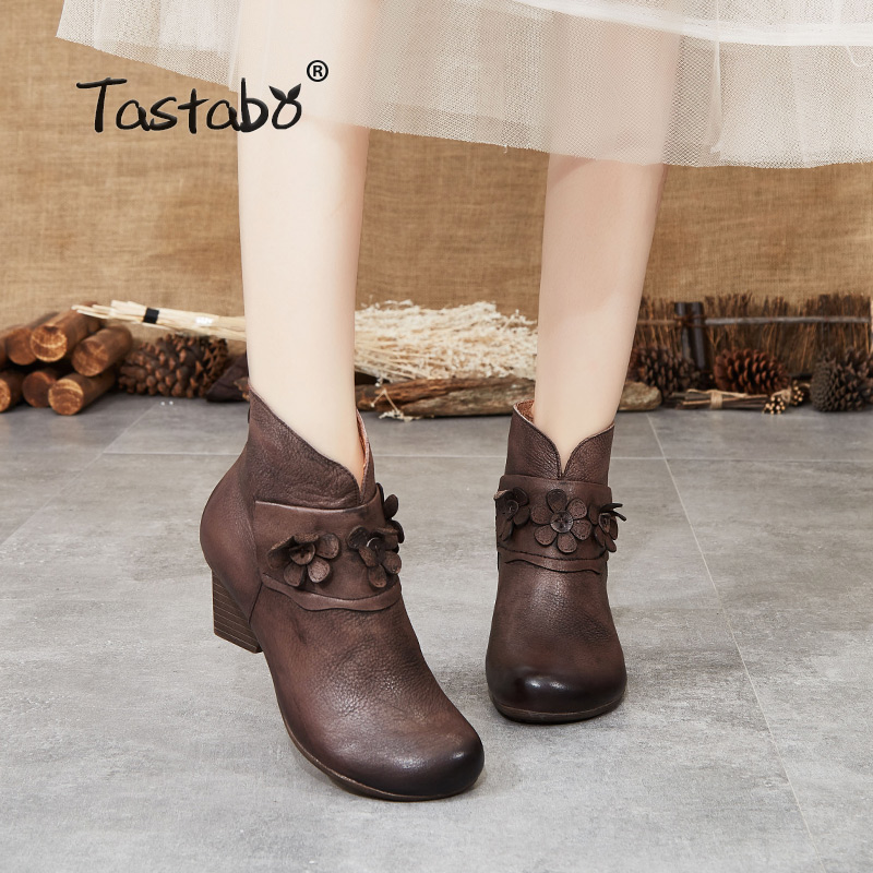 

Tastabo Genuine Leather high heel women's boots Flowers Women's shoes Brown Black Yellow brown Leisure nude boots S91202 zipper