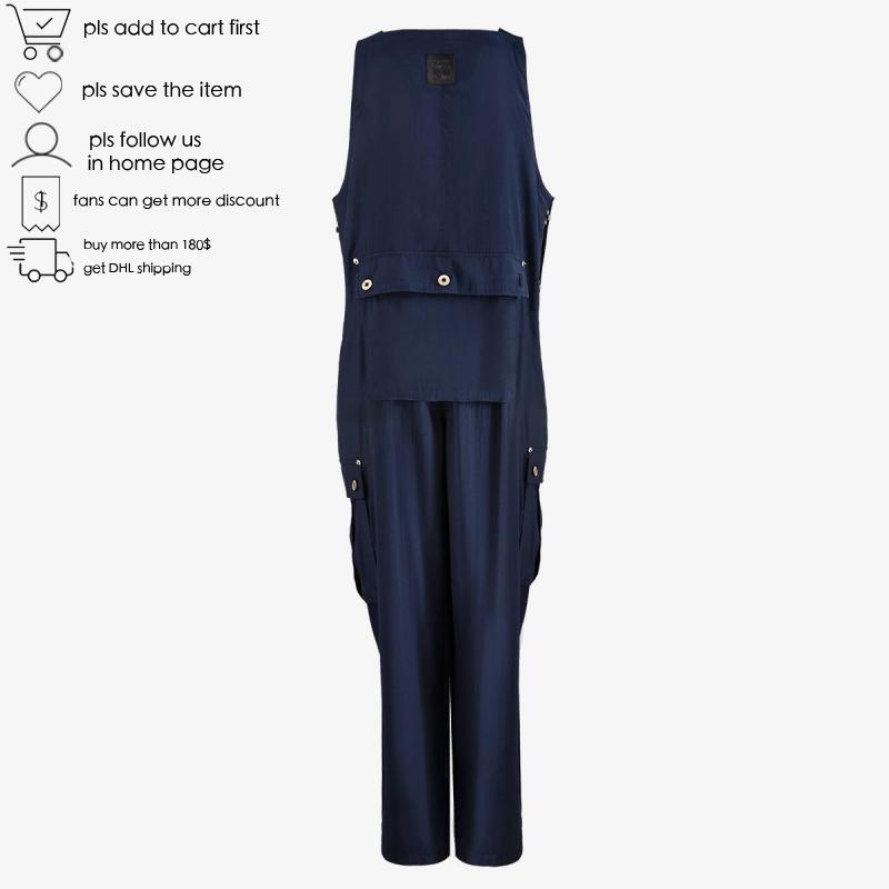 

GetSpring Women Jumpsuit Loose Long Wide Leg Rompers Womens Jumpsuit Large Pocket Sleeveless Blue Woman Rompers 2020 New Arrival, Navy blue