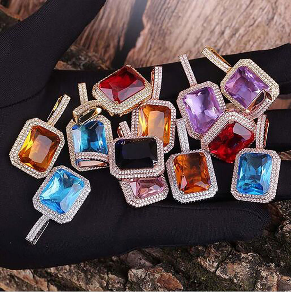 

18K Gold Gem Stone Red Blue Purple Black Lab Ruby Pendant Necklace Micro Pave Bling Bling Pendant Hip hop Jewelry